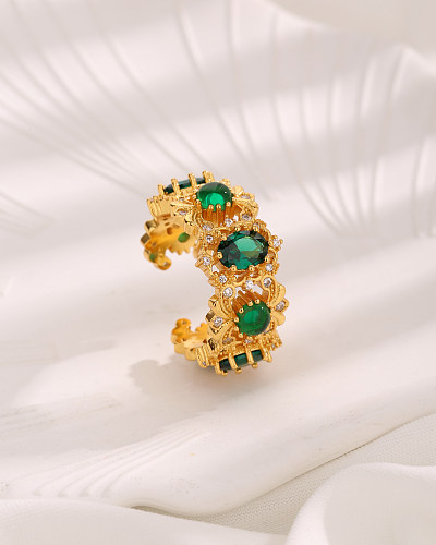 Estilo vintage estilo francês oval cobre chapeamento oco incrustação de zircão 18K anéis abertos banhados a ouro