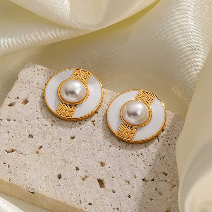 1 Pair Simple Style Round Enamel Plating Inlay Copper Pearl 18K Gold Plated Ear Studs