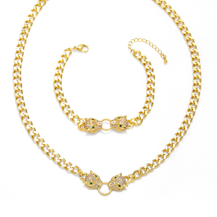 1 Piece Hip-Hop Cheetah Copper Plating Inlay Zircon 18K Gold Plated Women'S Bracelets Necklace