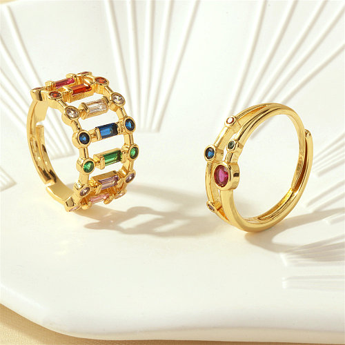 Luxurious Shiny Round Copper Plating Inlay Zircon 18K Gold Plated Open Ring