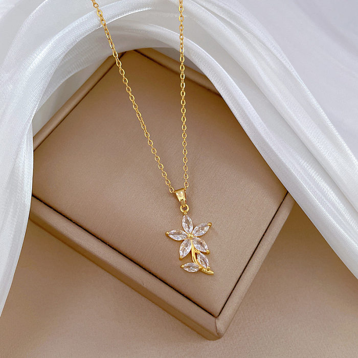 Estilo moderno estilo simples flor titânio aço cobre incrustação de pedras preciosas artificiais pingente colar