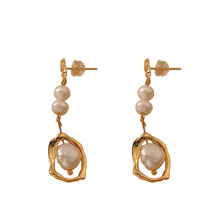 1 Pair Retro Irregular Beaded Freshwater Pearl Copper Drop Earrings
