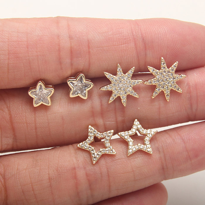 1 Pair Simple Style Star Moon Plating Inlay Copper Zircon Gold Plated Ear Studs
