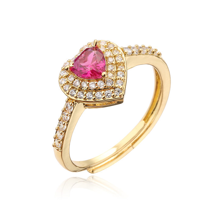 Moda colorida grande gema cheia de diamantes incrustados em formato de coração anel feminino
