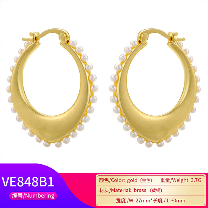 1 Pair Elegant Vintage Style Simple Style Oval Plating Inlay Copper Pearl 18K Gold Plated Earrings