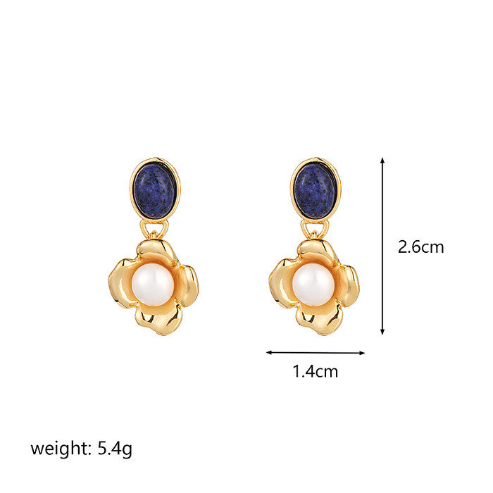 1 Pair Lady Flower Plating Inlay Copper Natural Stone Freshwater Pearl 18K Gold Plated Drop Earrings