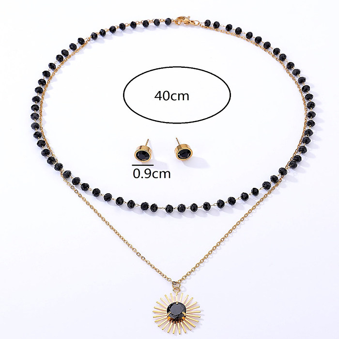 Fashion Retro Stainless Steel Round Ear Studs Black Crystal Double-Layer Necklace Set