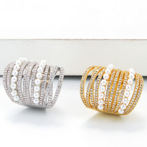 Anillo de doble capa con microincrustaciones de perlas de diamante a la moda al por mayor