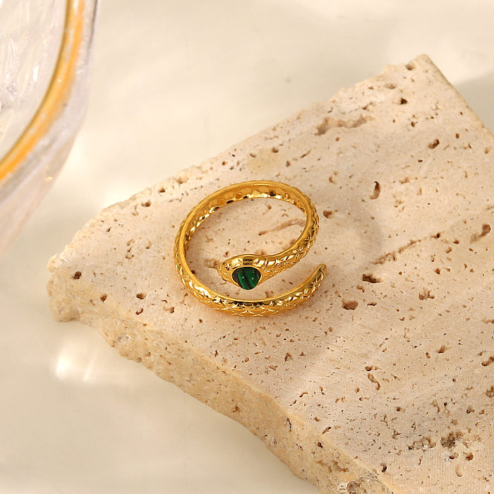 Novo 18k banhado a ouro aço inoxidável cobra malaquita cobra anel aberto feminino
