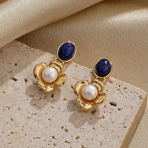 1 Pair Lady Flower Plating Inlay Copper Natural Stone Freshwater Pearl 18K Gold Plated Drop Earrings