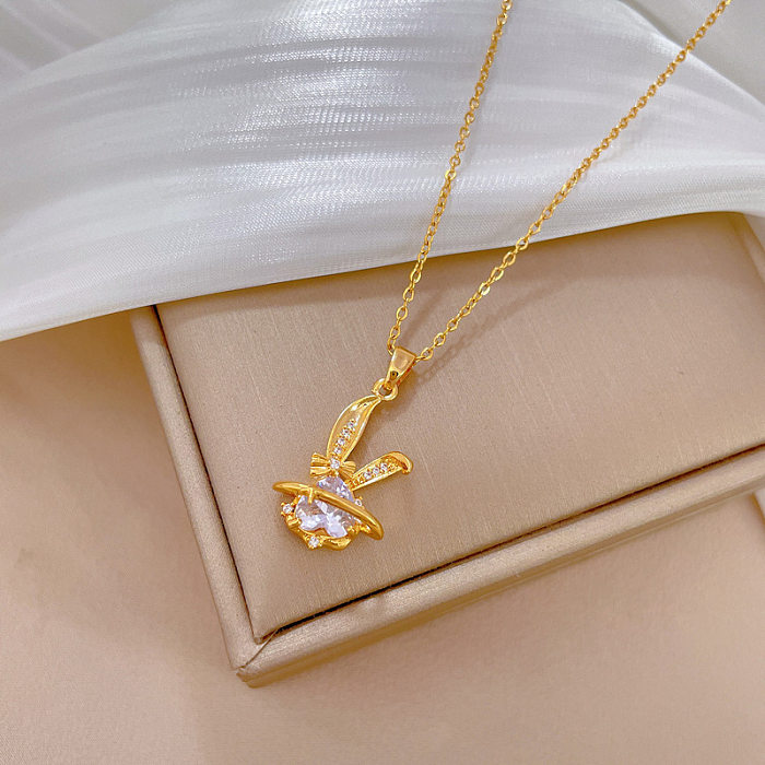 Modern Style Sweet Rabbit Titanium Steel Copper Plating Inlay Artificial Gemstones Gold Plated Pendant Necklace