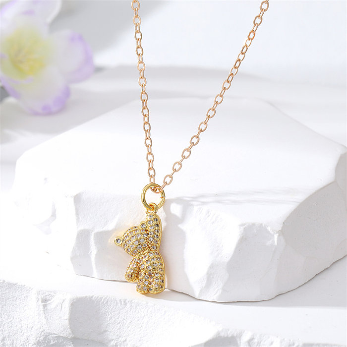 Cute Bear Heart Shape Snake Copper Plating Rhinestones Pendant Necklace