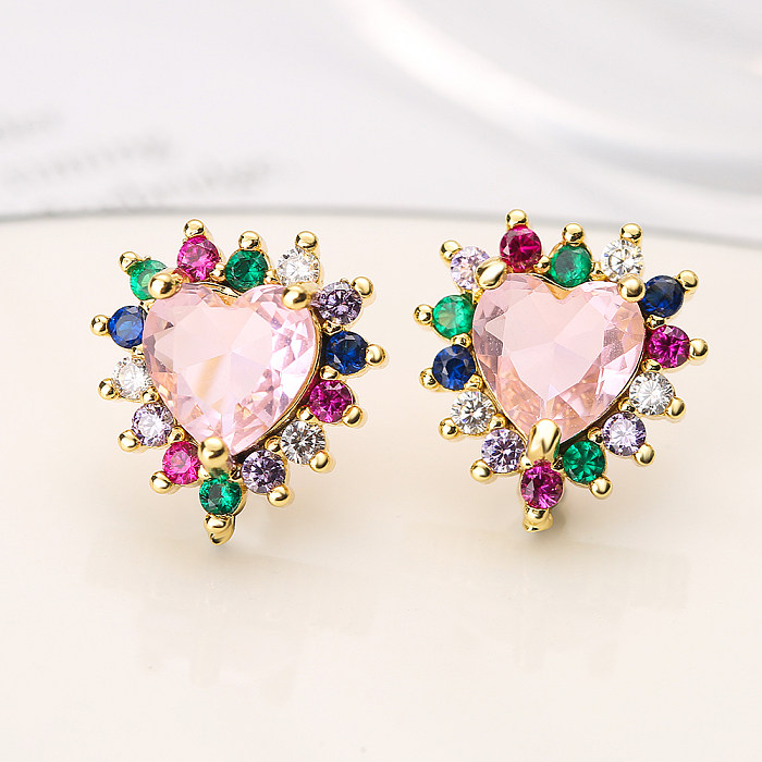 1 Pair Glam Shiny Heart Shape Copper Plating Inlay Zircon 18K Gold Plated Ear Studs