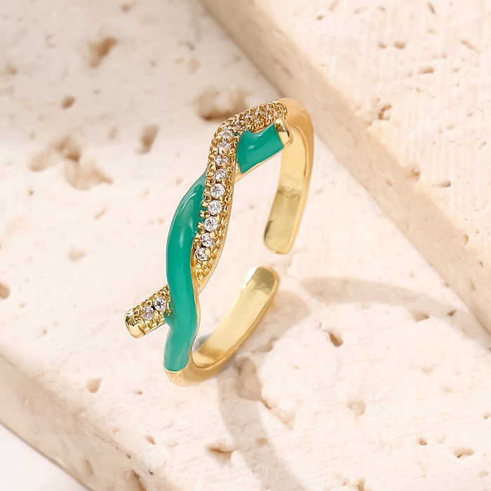 Simple Style Twist Copper Enamel Plating Inlay Zircon Gold Plated Open Rings