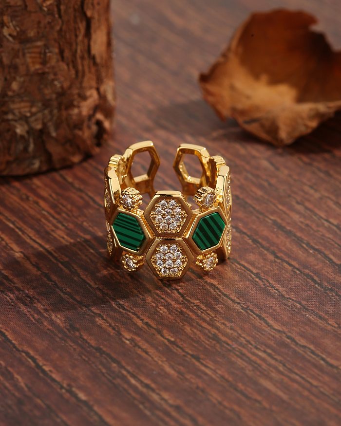 Luxuriöse offene Ringe im französischen Stil im Vintage-Stil mit Wabenverkupferung und ausgehöhltem Inlay aus Zirkon und 18 Karat vergoldet