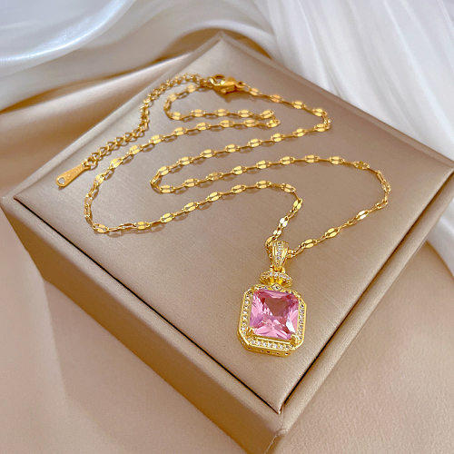 Luxurious Square Stainless Steel Copper Plating Rhinestones Pendant Necklace