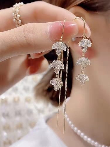 1 Pair Simple Style Leaf Copper Plating Inlay Artificial Crystal Drop Earrings