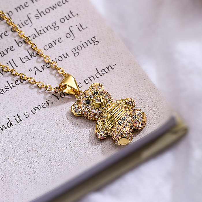 Cute Modern Style Little Bear Copper Plating Inlay Zircon 18K Gold Plated Pendant Necklace