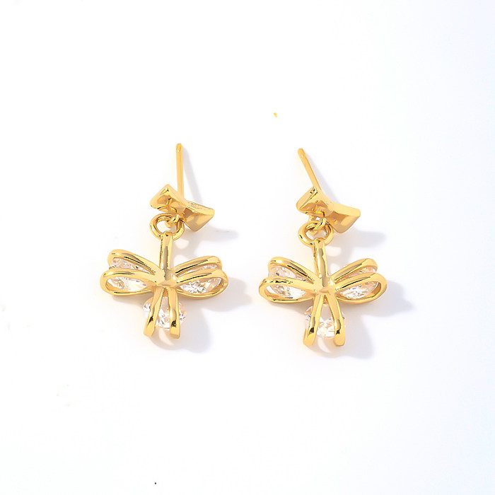 1 Pair Casual Simple Style Shiny Shamrock Plating Inlay Copper Zircon Gold Plated Drop Earrings
