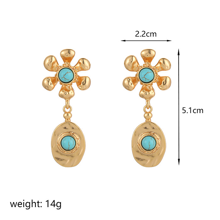 1 Pair Classical Retro Commute Irregular Flower Plating Inlay Copper Turquoise 18K Gold Plated Drop Earrings