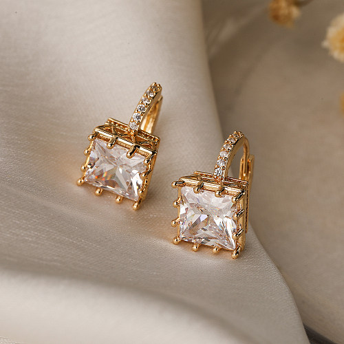 1 Pair Simple Style Commute Square Plating Inlay Copper Zircon 18K Gold Plated Hoop Earrings
