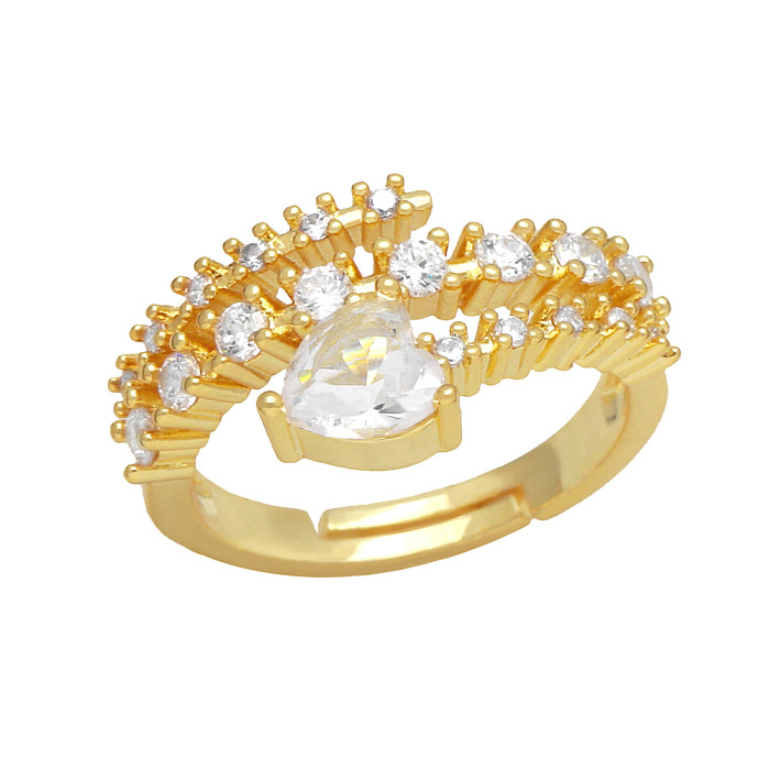 INS Style Modern Style Heart Shape Copper 18K Gold Plated Zircon Open Ring In Bulk
