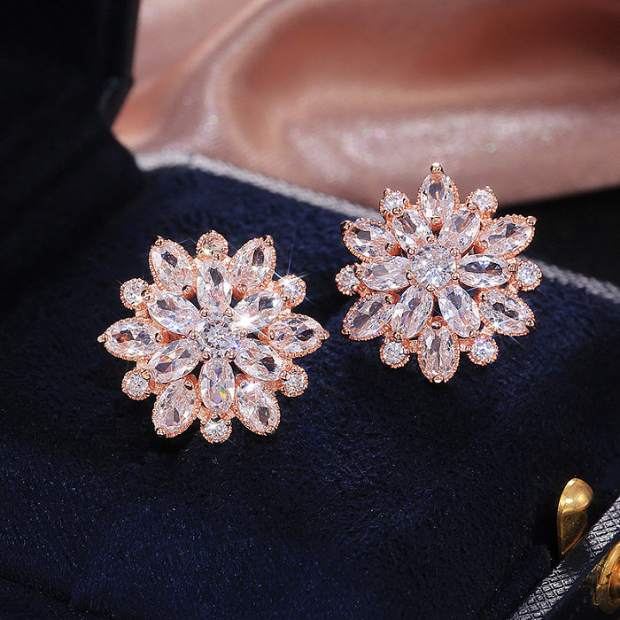 Fashion Sunflower Double Zircon Earrings Copper Earrings Accessories