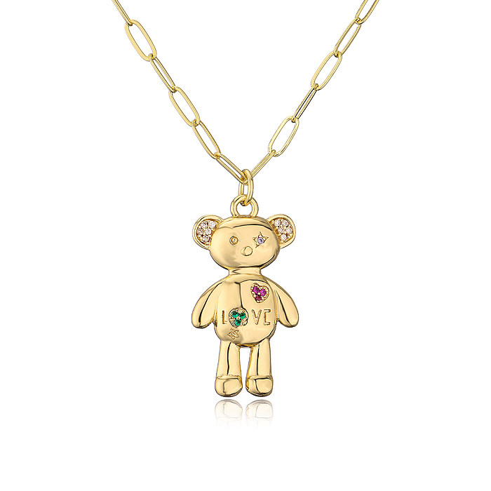 Fashion Cute Bear Moon Pendant Plating 18K Gold Micro Inlaid Zircon Copper Necklace