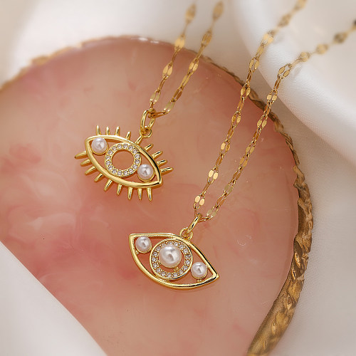 Collar con colgante chapado en oro de 18K con incrustaciones de perlas artificiales, chapado en cobre, ojo del diablo, estilo Simple