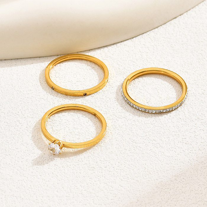 Casual Basic Vacation Solid Color Stainless Steel Plating Inlay Zircon 18K Gold Plated Rings