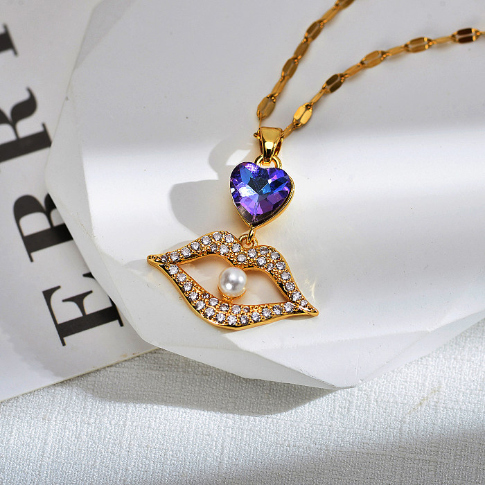 Streetwear Lips Heart Shape Copper Inlay Artificial Pearls Zircon Pendant Necklace