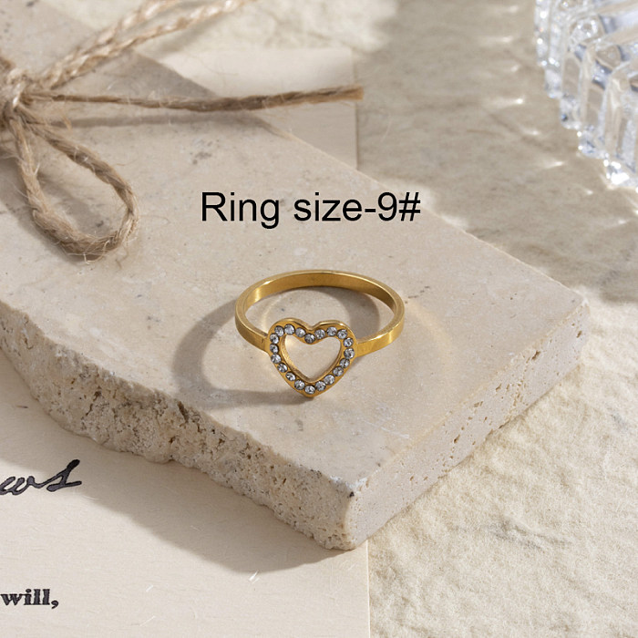 Casual Streetwear Geometric Waves Heart Shape Stainless Steel 18K Gold Plated Rhinestones Rings In Bulk