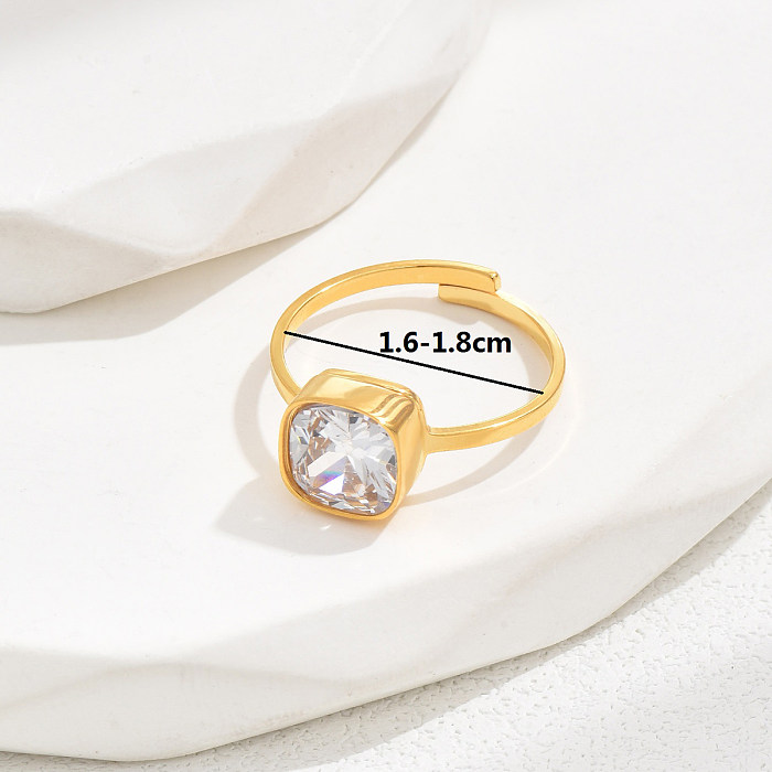 Anel aberto banhado a ouro 18K com zircão redondo quadrado brilhante estilo simples e elegante
