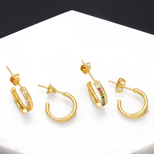 1 paire de clous d'oreilles plaqués or 18 carats, Style Simple, incrustation de couleur unie, cuivre et Zircon