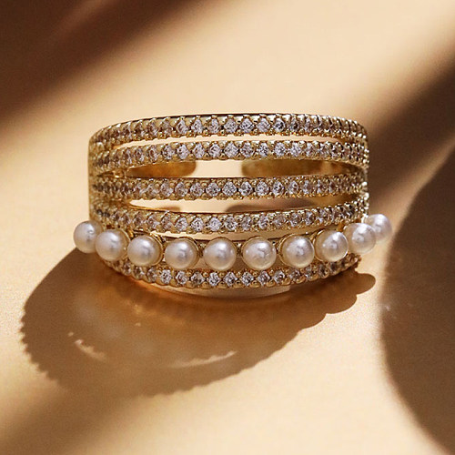 Offene Ringe im Retro-einfachen Stil mit geometrischem Kupfer-Inlay, künstlichen Perlen und Zirkon