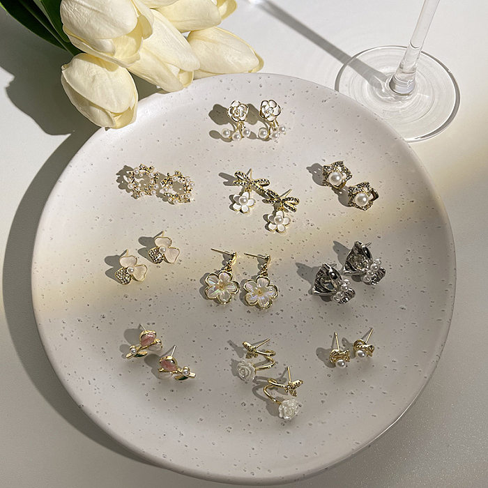 Pendientes chapados en plata con incrustaciones de cobre y diamantes de imitación, elegantes, con forma de corazón, flor, lazo, nudo, 1 par