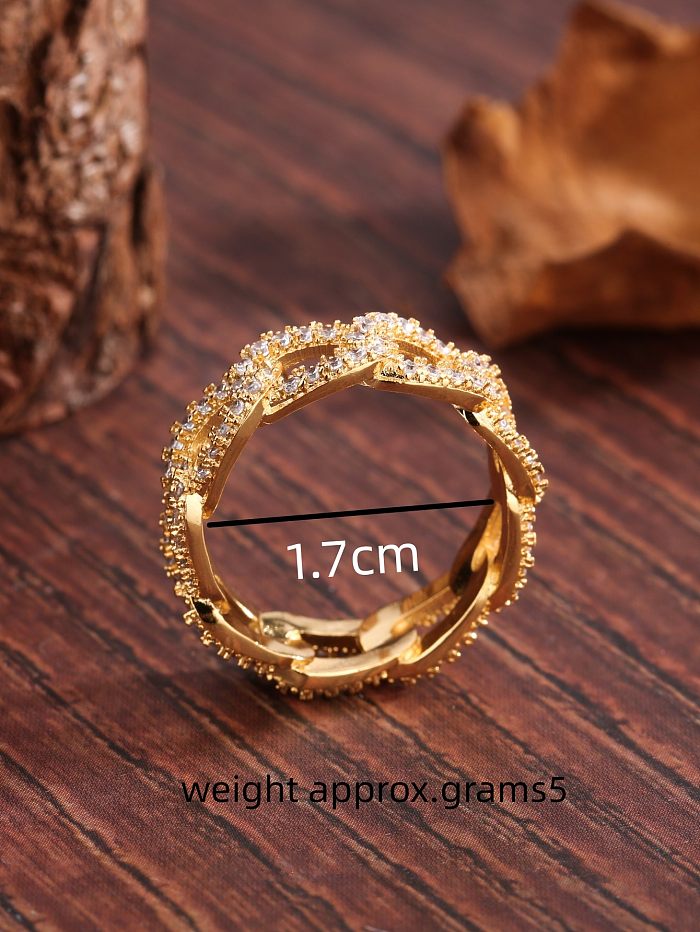 Correntes de estilo simples estampam chapeamento de cobre oco embutimento de zircão anéis banhados a ouro 18K