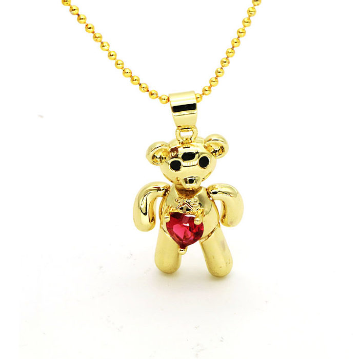Simple Style Bear Copper Inlay Zircon Gold Plated Pendant Necklace