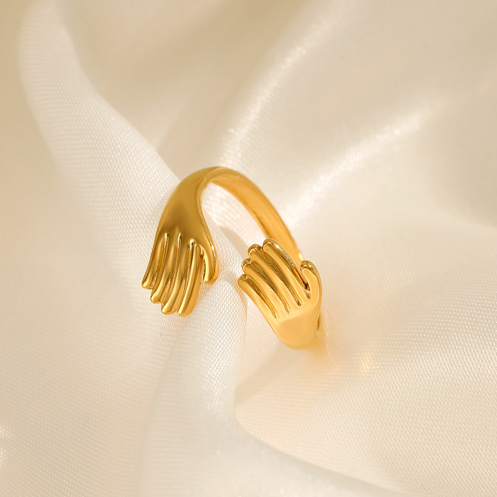 Anéis abertos banhados a ouro 18K com palma retro casual de aço inoxidável