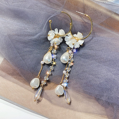 1 paire de boucles d'oreilles élégantes avec pampilles de fleurs, incrustation de pierres précieuses artificielles en cuivre