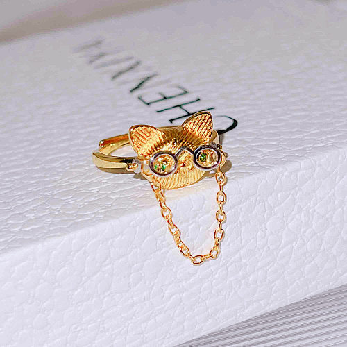 Cute Simple Style Animal/Zodiac Cartoon Character Cat Copper Plating Zircon Open Rings