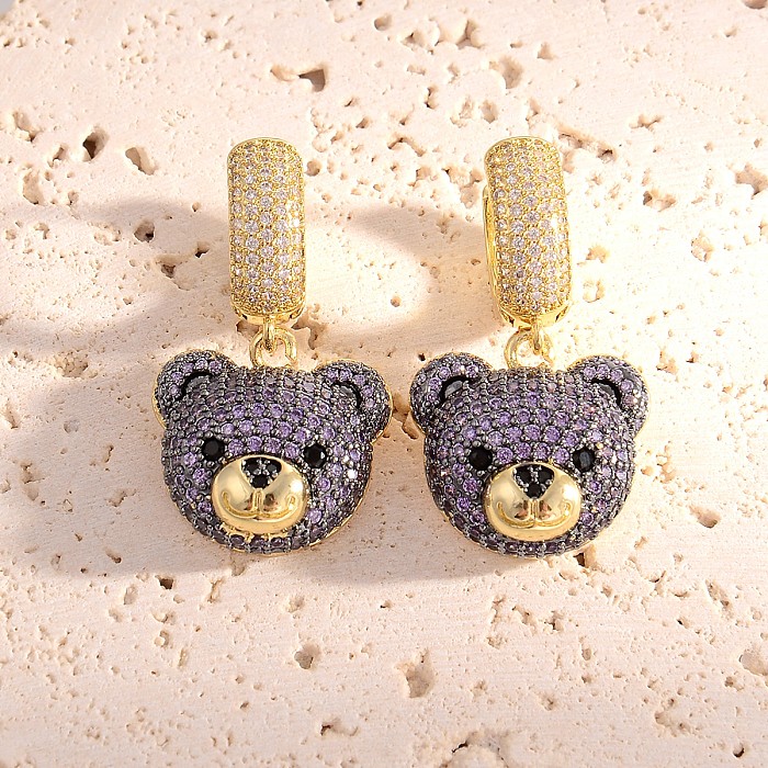 1 Pair Shiny Bear Inlay Copper Rhinestones 18K Gold Plated Drop Earrings