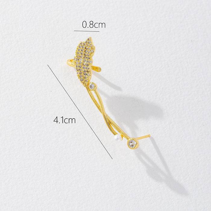 1 Piece Korean Style Leaf Flower Plating Inlay Copper Zircon Ear Studs