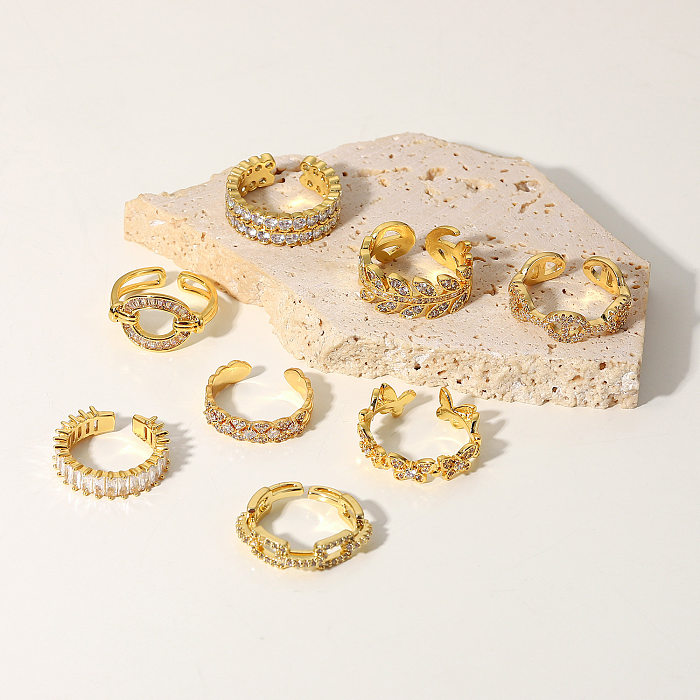 Novo estilo 18k ouro cobre incrustado zircônio geométrico anel aberto feminino
