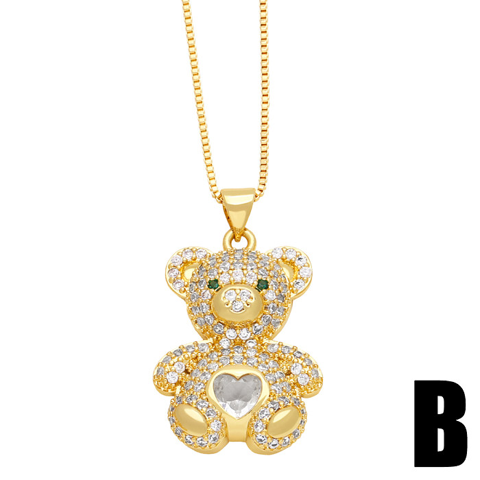 Cute Sweet Little Bear Stainless Steel Copper Plating Inlay Zircon 18K Gold Plated Pendant Necklace