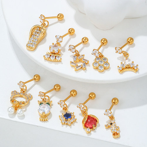 1 Piece Casual Animal Slippers Flower Inlay Brass Zircon 18K Gold Plated Earrings