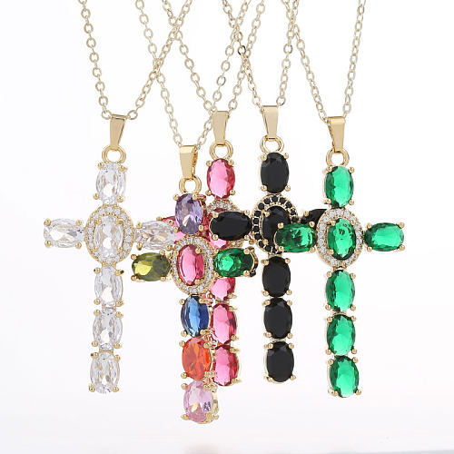 Retro Shiny Cross Copper Inlay Zircon Pendant Necklace