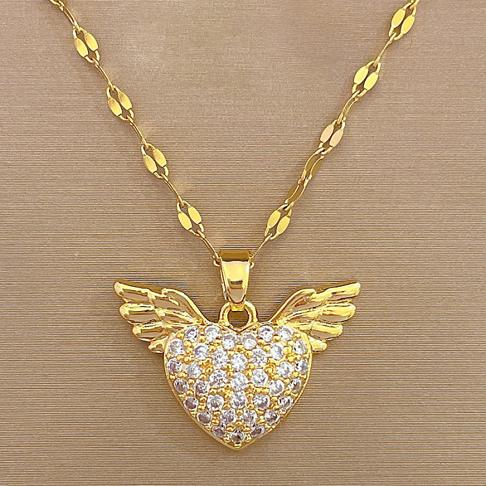 Elegant Heart Shape Wings Titanium Steel Copper Inlay Zircon Pendant Necklace