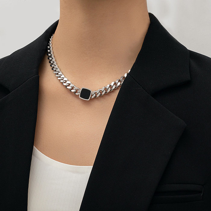 Titanium Steel Thick Chain Necklace Dripping Oil Black Square Clavicle Chain Necklace
