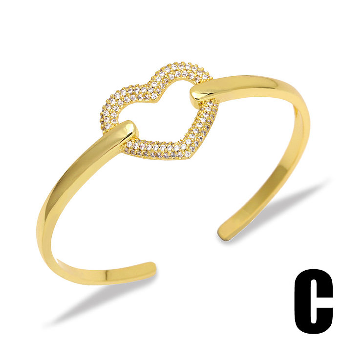 Fashion Diamond-studded Geometric Rectangular Heart Shaped Open Copper Bracelet